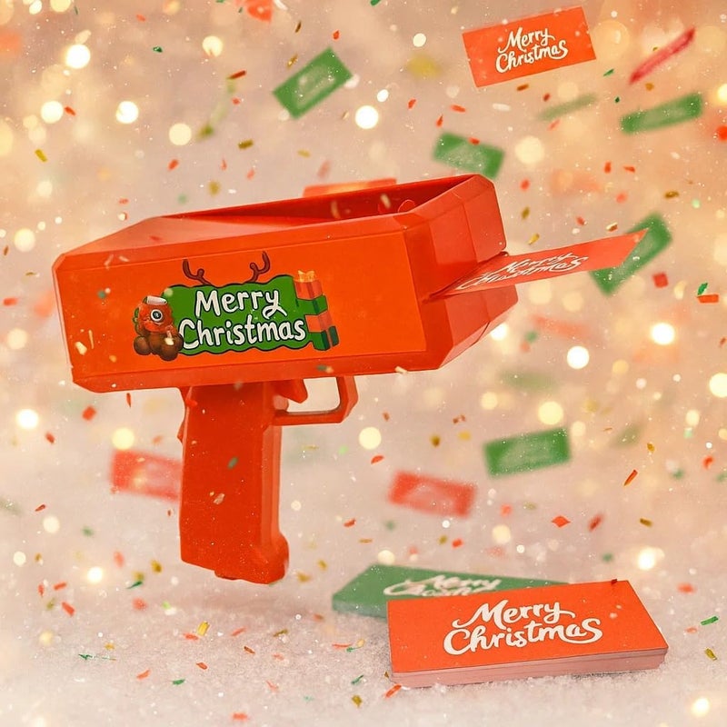 RADSHSP Money Gun Prop Party Bill Gun for Christmas Make It Rain Red Christmas Party Shooter Prop Gun with 200 Pcs Merry Christmas Paper Red&Green Xmas Toy Gun for Christmas New Year Eve Fun Surprise - Image 1